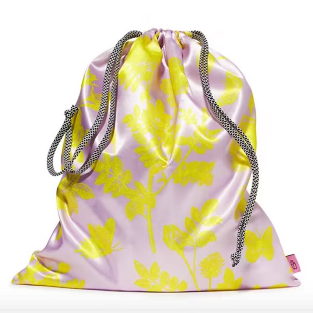 The Purple Catch All Bag, Small with Yellow Floral Design & Drawstring Closure
